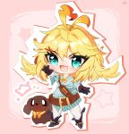  1girl :3 :d ahoge aqua_eyes aqua_shirt artist_logo belt black_boots black_gloves blonde_hair boots brown_belt chibi dachshund dog doki_amber_doge_(dokibird) dokibird_(vtuber) dokibird_(vtuber)_(bounty_hunter) fang full_body gloves highres indie_virtual_youtuber logo looking_at_viewer medium_hair neckerchief open_mouth pants pink_background shirt skin_fang smile spurs standing striped_clothes striped_shirt troubleshooter_bun untucked_shirt vertical-striped_clothes vertical-striped_shirt virtual_youtuber waving white_pants yellow_neckerchief 