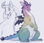 absurd_res ambiguous_gender animate_inanimate back_spikes back_wings claws digital_media_(artwork) dragon eyes_closed feral forked_tongue full-length_portrait hi_res horn hybrid luckymuttz membrane_(anatomy) membranous_wings multicolored_body mythological_creature mythological_scalie mythology open_mouth paws plushie portrait rainbow_body scalie sharp_teeth simple_background sitting smile solo spikes spikes_(anatomy) stitch_(sewing) tail teeth tongue white_background wings