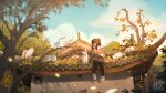  1girl absurdres architecture brown_hair cat commentary_request day east_asian_architecture eating elf highres horns hua_ming_wink medium_hair on_roof original outdoors pointy_ears ponytail scenery sidelocks single_horn sitting solo tree 