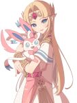  1girl animal animal_ears animal_hug armor bell blonde_hair blue_eyes blush bracelet dress earrings hair_ribbon hug jewelry long_hair looking_at_viewer miri_(cherryjelly) necklace pointy_ears pokemon pokemon_(game) princess_zelda ribbon shawl short_sleeves simple_background smile sylveon the_legend_of_zelda the_legend_of_zelda:_a_link_between_worlds tiara very_long_hair white_background 