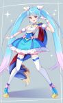  1girl blue_eyes blue_hair bow cape commentary_request cure_sky detached_sleeves earrings full_body gloves gradient_hair highres hirogaru_sky!_precure jewelry long_hair magical_girl me_(u006d_u0065) multicolored_hair open_mouth pink_bow pink_hair precure single_sidelock smile sora_harewataru thighhighs twintails two-sided_cape two-sided_fabric very_long_hair white_gloves wing_hair_ornament 