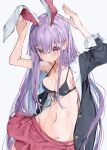 1girl @_@ absurdres animal_ears bangs bikini blush breasts bunny_pose cleavage extra_ears grey_background groin hair_behind_ear hair_between_eyes hands_up highres jacket large_breasts long_hair looking_at_viewer navel open_clothes open_jacket pink_skirt rabbit_ears red_eyes reisen_udongein_inaba simple_background skirt smile solo sweat swimsuit touhou tsune_(tune) very_long_hair wet white_background 