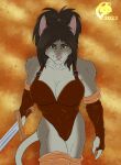  2023 anthro armor athletic athletic_anthro athletic_female barbarian big_breasts black_hair boots breasts cleavage clothed clothing digital_media_(artwork) female fingerless_gloves fingers flat_colors footwear fur ghostwolf gloves grey_body grey_fur hair handwear holding_object holding_sword holding_weapon humanoid_hands leather leather_armor legwear mammal melee_weapon mouse murid murine navel_outline nipple_outline pink_nose rodent signature smile solo sword thigh_boots thigh_highs vyka_the_unfortunate weapon 