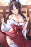  1girl absurdres alternate_costume animal_ears black_hair blurry blurry_background blush braid breasts cleavage collarbone commentary_request highres hokko_tarumae_(umamusume) horse_ears horse_girl horse_tail japanese_clothes large_breasts leaf long_braid long_hair looking_at_viewer miko open_clothes purple_eyes shrine sky solo tail thighhighs torii twin_braids umamusume zeatto 