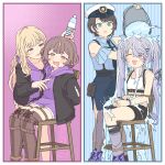  4girls aki_rosenthal anya_melfissa aqua_eyes bandaid bandaid_on_face blonde_hair blush boots bottle bound brown_hair bucket bucket_of_water chair closed_eyes crop_top cuffs grey_hair hair_ornament hairclip handcuffs hat highres hololive hololive_english hololive_grand_theft_auto hololive_indonesia hood hoodie jacket koseki_bijou long_hair multiple_girls necktie oozora_subaru oozora_subaru_(police) plastic_bottle police police_hat police_uniform policewoman short_hair shorts sweat tataki_tuna thigh_boots tied_up_(nonsexual) twintails virtual_youtuber water_bottle 
