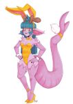 2025 absurd_res adara_(nerdbayne) animal_humanoid antlers arm_spikes bangs black_nails blue_hair blue_pupils bow_tie bunny_costume clothed clothing colored_nails costume cuff_links dragon dragon_humanoid easter facial_spikes fake_ears fake_rabbit_ears fake_rabbit_tail fake_tail female footwear hair hands_on_hips hi_res high_heels holidays horn humanoid humanoid_pointy_ears leotard lingerie long_hair mythological_creature mythological_scalie mythology nails navel_outline nerdbayne open_mouth open_smile pink_body pink_scales pointy_ears pupils scales scalie sharp_teeth shoes shoulder_spikes signature simple_background smile solo spikes spikes_(anatomy) standing tail teddy_(clothing) teeth white_background yellow_sclera