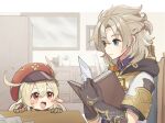 1boy 1girl ahoge albedo_(genshin_impact) black_hood blonde_hair blush book cabbie_hat chair chest_of_drawers commentary_request corn_kuten genshin_impact hat hat_feather holding holding_book indoors klee_(genshin_impact) looking_at_another messy open_book open_mouth peeking picture_frame pointy_ears ponytail red_eyes red_hat shirt short_ponytail short_twintails smile table twintails white_shirt window 