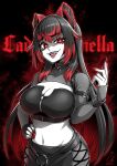  animal_collar animal_ears bangs black_hair breasts bustier claws cleavage collar cross-shaped_pupils ear_piercing ebiblue fangs hand_on_hip highres large_breasts long_hair midriff multicolored_hair navel original piercing red_hair red_lips red_nails shrug_(clothing) sidelocks streaked_hair symbol-shaped_pupils 