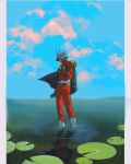  1boy belt black_cape blonde_hair boots cape char_aznable cloud epaulettes eye_mask gloves gundam hand_on_headwear helmet highres jacket lily_pad mobile_suit_gundam pants pillarboxed red_jacket red_pants reflection reflective_water trash_trash wading white_belt white_boots white_gloves 
