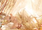  1boy bald bead_bracelet bead_curtain beads bed bracelet canopy_bed chinese_clothes chinese_commentary curtains facial_mark forehead_mark forehead_tattoo hanfu holding holding_jewelry holding_necklace incense_burner indoors jewelry long_sleeves looking_at_viewer lying male_focus monk necklace on_bed on_side parted_lips pearl_necklace pillow prayer_beads red_eyes robe seal_impression solo sunlight unworn_jewelry unworn_necklace upper_body white_hanfu white_robe wide_sleeves xuedaixun yao_guang_lu 