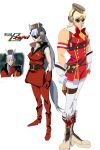  1boy 1girl animal_ears belt blonde_hair boots bow breasts char_aznable char_aznable_(cosplay) clenched_hand cosplay costume_switch crossover ear_bow earmuffs full_body gloves gold_ship_(umamusume) gold_ship_(umamusume)_(cosplay) grey_hair gundam highres horse_ears horse_girl horse_tail leggings long_hair medium_hair military_uniform mobile_suit_gundam pillbox_hat red_shirt shirt simple_background siromayu0212 sleeveless standing sunglasses tail umamusume white_background 