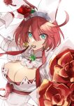  1girl animal_ears blue_eyes bouquet breasts choker cleavage clover dress earrings elphelt_valentine explosive fake_animal_ears flower food fruit gloves grenade guilty_gear guilty_gear_xrd hand_on_own_face jewelry large_breasts looking_at_viewer maka_(morphine) pink_hair rabbit_ears red_flower red_rose rose simple_background smile solo spikes strawberry upper_body wedding_dress white_background 