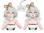  1girl absurdres cecilia_immergreen colored_inner_hair cropped_torso detachable_thumb doll_joints green_eyes green_hair grey_hair highres hololive hololive_english joints magic_trick multicolored_hair strapless tongue twitter_username virtual_youtuber white_background winding_key you&#039;re_doing_it_wrong yureikaigan 