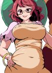  animal_ears belly_grab breasts brown_dress brown_hair covered_navel covered_nipples dress frilled_sleeves frills futatsuiwa_mamizou glasses highres large_breasts leaf leaf_on_head nioti open_mouth plump raccoon_ears raccoon_tail round_eyewear short_hair short_sleeves tail touhou 