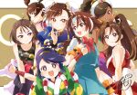  6+girls :d :o absurdres ayame_(power_stone) bracelet brown_eyes brown_hair bun_cover camouflage camouflage_shirt capcom chinese_clothes chun-li dark-skinned_female dark_skin double_bun earrings english_commentary grin hair_bun hair_over_one_eye headband highres japanese_clothes jewelry june_lin_milliam justice_gakuen kazama_akira long_hair looking_ahead looking_at_another looking_at_viewer multiple_girls namori official_art parted_lips pearl_earrings ponytail power_stone purple_hair rouge_(power_stone) school_uniform second-party_source shiranui_mai shirt short_hair signature smile snk spiked_bracelet spikes star_gladiator street_fighter the_king_of_fighters wakaba_hinata white_headband 