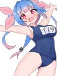  1girl ass_visible_through_thighs blue_hair blue_one-piece_swimsuit breasts commentary covered_navel fang gradient_hair highres i-19_(kancolle) kantai_collection large_breasts long_hair matu_(matu19) multicolored_hair name_tag old_school_swimsuit one-piece_swimsuit outstretched_arms red_eyes school_swimsuit simple_background skin_fang smile solo star-shaped_pupils star_(symbol) swimsuit symbol-shaped_pupils tri_tails twintails white_background 