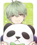  1boy absurdres aoppella blue_shirt border character_name closed_mouth dated green_background green_eyes green_hair hair_over_eyes happy_birthday highres looking_at_viewer male_focus natsunomirai object_hug pillow pillow_hug shinkai_fukami shirt smile solo stuffed_animal stuffed_panda stuffed_toy white_border 