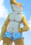  abs anthro blush clothing countershading detailed_background eyes_closed fur hand_on_hip head_tuft hi_res league_of_legends looking_aside low-angle_view male muscular navel neck_tuft portrait riot_games smite_(artist) smite_(character) solo swimming_trunks swimwear three-quarter_portrait tuft white_body white_countershading yellow_body yellow_fur yordle 
