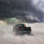  car cloud cloudy_sky ground_vehicle hoshiumisora motor_vehicle no_humans ocean original pickup_truck rain sky traffic_cone truck vehicle_focus 