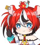  1girl animal_ears bare_shoulders black_collar black_gloves blue_bow blue_eyes bow collar dice gloves hakos_baelz hololive hololive_english jewelry key_necklace mouse_ears mousetrap mr._squeaks_(hakos_baelz) multicolored_hair necklace red_hair shirt sleeve_bow smile solo spiked_collar spikes streaked_hair thumbs_up upper_body virtual_youtuber white_shirt zerorespect_bot 