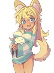  1girl animal_ear_fluff animal_ears aqua_sweater blonde_hair blue_eyes bottomless breast_rest breasts cowboy_shot dark-skinned_female dark_skin doll fang highres holding holding_doll liru long_hair looking_at_viewer medium_breasts open_mouth orenji_(wholesomeorenji) own_hands_together renkin_san-kyuu_magical_pokaan smile solo striped striped_sweater sweater tail white_background wolf_ears wolf_girl wolf_tail 