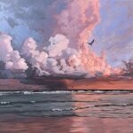  absurdres acrylic_paint_(medium) beach bird blue_sky cloud commentary cumulonimbus_cloud english_commentary highres jimmusilpainter landscape no_humans ocean original outdoors painting_(medium) rain sky sunset traditional_media waves wide_shot 