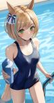  1girl animal_ears blonde_hair blue_hair blue_one-piece_swimsuit blush bottle competition_school_swimsuit green_eyes highres holding holding_bottle horse_ears horse_girl little_cocon_(umamusume) looking_at_viewer may9 multicolored_hair one-piece_swimsuit poolside school_swimsuit short_hair signature solo streaked_hair swimsuit tracen_swimsuit two-tone_hair umamusume wavy_mouth 