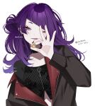 1girl :p black_choker black_jacket choker diagonal_bangs ear_piercing fingernails glint grey_background hair_bun hand_up hazaki_yoshino highres holding idolmaster idolmaster_shiny_colors jacket long_hair long_sleeves looking_at_viewer nail_polish one_eye_closed open_clothes open_jacket piercing purple_eyes purple_hair red_nails simple_background single_side_bun solo studded_choker tanaka_mamimi tongue tongue_out torn_clothes translation_request upper_body 