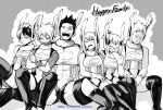  2girls 4boys ^_^ animal_ears bangs bare_shoulders blue_eyes blush boku_no_hero_academia breasts closed_eyes cosplay covered_abs dabi_(boku_no_hero_academia) endeavor_(boku_no_hero_academia) facial_hair family gloves greyscale happy highleg highleg_leotard highres large_pectorals laughing leotard mature_male mirko mirko_(cosplay) monochrome multiple_boys multiple_girls muscular muscular_male nstime23 pectorals rabbit_ears red_hair scar scar_across_eye short_hair sideburns simple_background smile spiked_hair stubble thick_thighs thighhighs thighs todoroki_fuyumi todoroki_natsuo todoroki_rei todoroki_shouto todoroki_touya white_gloves 