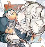  1girl absurdres bandages bandaid detached_sleeves eating food fruit gauze_on_arm highres kagamine_rin looking_at_viewer mandarin_orange solo soresaki vocaloid 