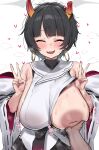  1boy 1girl ^_^ black_hair blue_archive blush breast_milk closed_eyes commentary_request double_v earrings grabbing_another&#039;s_breast grey_halo groping halo hetero highres hoop_earrings horns ichi-jirushi inverted_nipples jewelry lactation lactation_through_clothes niya_(blue_archive) one_breast_out open_mouth orange_horns short_hair simple_background smile v white_background 