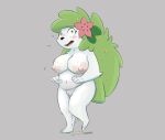  accessory anthro anthrofied areola big_areola big_breasts blush bodily_fluids breasts elemental_creature female flora_fauna flower flower_in_hair fur generation_4_pokemon genital_fluids genitals green_eyes green_hair hair hair_accessory hi_res honeymono leaf leaf_hair legendary_pokemon long_hair mammal nintendo nipples nude on_one_leg open_mouth peeing pink_nipples plant plant_hair pokemon pokemon_(species) pokemorph pseudo_hair pussy shaymin shocked simple_background solo standing surprise urine urine_pool walking white_body white_fur 