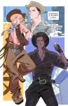  1girl 2boys black_gloves blonde_hair blue_pants blue_scarf blue_shirt brown_pants brown_vest chaps cowboy_hat cowboy_western dark-skinned_male dark_skin don_quixote_(project_moon) gloves gun hat heathcliff_(project_moon) highres holding holding_gun holding_weapon limbus_company long_sleeves meursault_(project_moon) multiple_boys open_mouth pants project_moon revolver scarf sheriff_badge shirt short_hair smile vest weapon wenli white_shirt yellow_eyes 