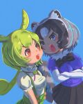  2girls :3 absurdres animal_ear_fluff animal_ears blue_eyes blush bow bowtie breasts commentary common_raccoon_(kemono_friends) crossed_arms eye_contact fur_collar green_hair green_suspenders grey_hair highres kemono_friends long_sleeves looking_at_another multiple_girls open_mouth osnmykk pantyhose pleated_skirt puffy_short_sleeves puffy_sleeves purple_shirt raccoon_ears raccoon_girl raccoon_tail red_eyes shaded_face shirt short_sleeves sidelocks skirt sweat tail trait_connection v-shaped_eyebrows voicevox white_shirt zundamon 