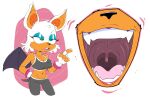  2023 anthro bat blue_eyeshadow close-up eyeshadow fangs female fur gaping_mouth green_eyes lecigzz lipstick makeup mammal midriff mouth_shot open_mouth rouge_the_bat sega solo sonic_the_hedgehog_(series) teeth uvula white_body white_fur 