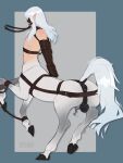 anus armbinder backsack balls bdsm binder_(restraint) blindfold blue_background bondage_gear butt chastity_cage chastity_device equid equid_taur equine equine_anus equine_taur genitals grey_background hair hands_behind_back harness hi_res hooves horse horse_taur humanoid_pointy_ears long_hair male mammal mammal_taur perineum pointy_ears puffy_anus rear_view reins restraints simple_background smooshkin solo submissive submissive_male taur white_hair
