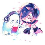  1boy :d android arm_support black_hair black_pants book boots chibi chibi_only commentary_request cousins english_commentary fewer_digits full_body ghost gloves hair_over_one_eye headphones heart holding holding_book holding_pen knee_boots looking_at_object mechanical_arms mettaton mettaton_ex mii_(chibinomi) mixed-language_commentary napstablook one_eye_covered open_mouth pants pen pink_boots pink_eyes short_hair side-by-side simple_background sitting smile tearing_up undertale white_background white_gloves 