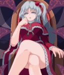  1girl capelet chair crossed_legs demon_wings dress english_commentary full_body grey_eyes grey_hair hair_bobbles hair_ornament long_hair long_sleeves looking_at_viewer nukekip one_side_up open_mouth pixel_art red_capelet red_dress shinki_(touhou) sitting solo touhou touhou_(pc-98) wings 
