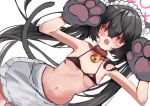  1girl absurdres alternate_costume animal_ears animal_hands apron bell belt_collar black_hair blue_archive breasts cat_ears cat_girl cat_tail collar commentary dutch_angle fang fujiwarahatsune gloves halo highres jingle_bell maid_headdress navel neck_bell open_mouth paw_gloves pink_halo red_collar red_eyes serika_(blue_archive) simple_background sketch small_breasts solo tail twintails waist_apron white_apron white_background 