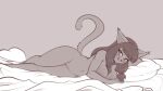  2023 ankama anthro bed bedding bedroom_eyes big_breasts breasts dofus domestic_cat ecaflip eyebrow_through_hair eyebrows eyelashes felid feline felis female furniture genitals hair hi_res licking licking_lips long_hair looking_at_viewer lying mammal miranda_(wakfu) monochrome narrowed_eyes nude pillow pussy scorpdk seductive smile solo tongue tongue_out translucent translucent_hair wakfu 