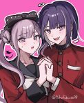  1boy 1girl black_sailor_collar blush bow_hairband brother_and_sister commentary_request eyelashes fuku_sa hair_between_eyes hair_bun hairband highres jacket long_hair long_sleeves looking_at_viewer open_mouth outline pink_background pink_eyes pink_hair purple_hair red_jacket sailor_collar school_uniform siblings simple_background sweat the_hundred_line_-last_defense_academy- tsukumo_ima tsukumo_kako twintails twitter_username upper_body white_outline 
