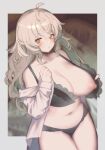  1girl black_bra black_panties blush bra bra_lift breasts brown_hair cleavage commission front-hook_bra hair_between_eyes lace-trimmed_bra lace-trimmed_panties lace_trim large_breasts large_variant_set long_hair looking_at_viewer navel nipples open_bra original oshiruko_(tsume) panties shirt skeb_commission solo stomach underwear variant_set white_shirt yellow_eyes 