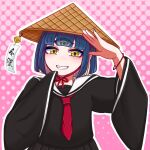  1girl black_serafuku black_skirt blue_hair colored_inner_hair extra_eyes hand_up hat hat_bell highres medium_hair multicolored_hair neckerchief nomicha original pink_background red_neckerchief rice_hat school_uniform serafuku simple_background skirt solo third_eye upper_body wide_sleeves yellow_eyes 