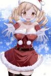  1girl alternate_costume bare_shoulders black_thighhighs blonde_hair blush breasts christmas cleavage commentary_request dress drill_hair fur-trimmed_dress fur_trim gloves hat highres large_breasts long_hair mahou_shoujo_madoka_magica nagare_(flow) open_mouth red_dress red_headwear santa_costume santa_hat thighhighs tomoe_mami twin_drills white_gloves yellow_eyes zettai_ryouiki 