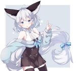  1girl animal_ear_fluff animal_ears bangs black_bow black_skirt black_thighhighs blue_bow blue_eyes blue_gemstone blue_sweater blush bow braid breasts brooch center_frills chestnut_mouth colored_eyelashes commission copyright_request daidai_ookami fox_shadow_puppet frills gem grey_background grey_hair hair_between_eyes hair_ornament hand_up high-waist_skirt jewelry long_sleeves looking_at_viewer medium_breasts off-shoulder_sweater off_shoulder parted_lips puffy_long_sleeves puffy_sleeves shirt skeb_commission skirt sleeveless sleeveless_shirt solo star_(symbol) star_hair_ornament striped striped_bow sweater tail tail_bow tail_ornament thighhighs two-tone_background white_background white_shirt 