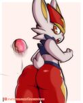 ambiguous_gender anthro big_butt big_ears blue_body border brachyzoid butt cheek_tuft cinderace eyelashes facial_tuft generation_8_pokemon hi_res looking_back love_ball multicolored_body nintendo open_mouth orange_eyes pink_background pokeball pokemon pokemon_(species) red_body scut_tail short_stack short_tail simple_background solo surprised_expression tail thick_thighs tuft white_body white_border wide_hips