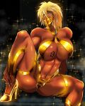  1girl absurdres alternate_costume arrancar bare_shoulders bikini bleach blonde_hair breast_tattoo breasts collarbone commentary_request criss-cross_halter dark-skinned_female dark_skin foot_out_of_frame gold_bikini gold_shoes green_eyes hair_between_eyes halterneck high_heels highres large_breasts looking_at_viewer medium_hair muscular muscular_female navel number_tattoo shoes sitting solo soyuz001 spread_legs swimsuit tattoo tier_harribel 