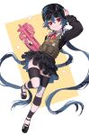  1girl :d absurdly_long_hair absurdres ammunition_pouch arm_up bib_collar black_dress black_helmet black_shoes black_thighhighs blobcat blue_hair bulletproof_vest bullpup collar collared_dress combat_helmet commentary crying_emoji dot_nose double-parted_bangs dress emoji english_commentary eyebrows_hidden_by_hair eyewear_on_head flat_chest floating_hair food frilled_collar frills fruit ghost gift_art goggles goggles_on_headwear grin gun hair_between_eyes hair_ornament half-closed_eyes hand_on_headwear hand_on_own_head hand_up head_tilt helmet highres holding holding_gun holding_weapon idol_corp invisible_floor layered_dress leaning_to_the_side leg_up light_blush long_eyelashes long_hair long_sleeves looking_at_viewer mary_janes milestone_celebration neckerchief p90 pleated_dress polka_dot polka_dot_background pouch raised_eyebrows red_eyes red_neckerchief shoes short_hair_with_long_locks sidelocks ski_goggles skindentation sleeves_past_wrists smile smirk smug solo sparkle spiked_hair standing standing_on_one_leg sticker striped_blush striped_clothes striped_thighhighs submachine_gun sunglasses teeth thick_eyelashes thighhighs thighs two-tone_thighhighs vertigris very_long_hair virtual_youtuber watermelon watermelon_slice weapon white_background white_collar white_thighhighs wing_collar yellow_background yuko_yurei zettai_ryouiki 