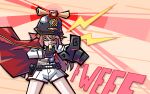  &gt;_&lt; 1girl alarm_siren azur_lane bandaid bandaid_on_face black_gloves blowing_whistle blue_necktie cape english_commentary gallant_(azur_lane) gloves hat highres long_hair long_sleeves necktie pantyhose pink_hair pointing pointing_at_viewer police_hat red_cape shirt shorts sirhoopsalot solo whistle white_pantyhose white_shirt white_shorts 