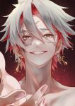  1boy absurdres burn_scar chigusa7h colored_inner_hair commentary_request cross cross_earrings earrings fingernails grey_hair grin hair_between_eyes heterochromia highres jewelry looking_at_viewer male_focus multicolored_hair portrait reaching reaching_towards_viewer red_eyes red_hair scar scar_(wuthering_waves) scar_across_eye scar_on_face short_hair smile solo streaked_hair teeth twitter_username wuthering_waves yellow_eyes 